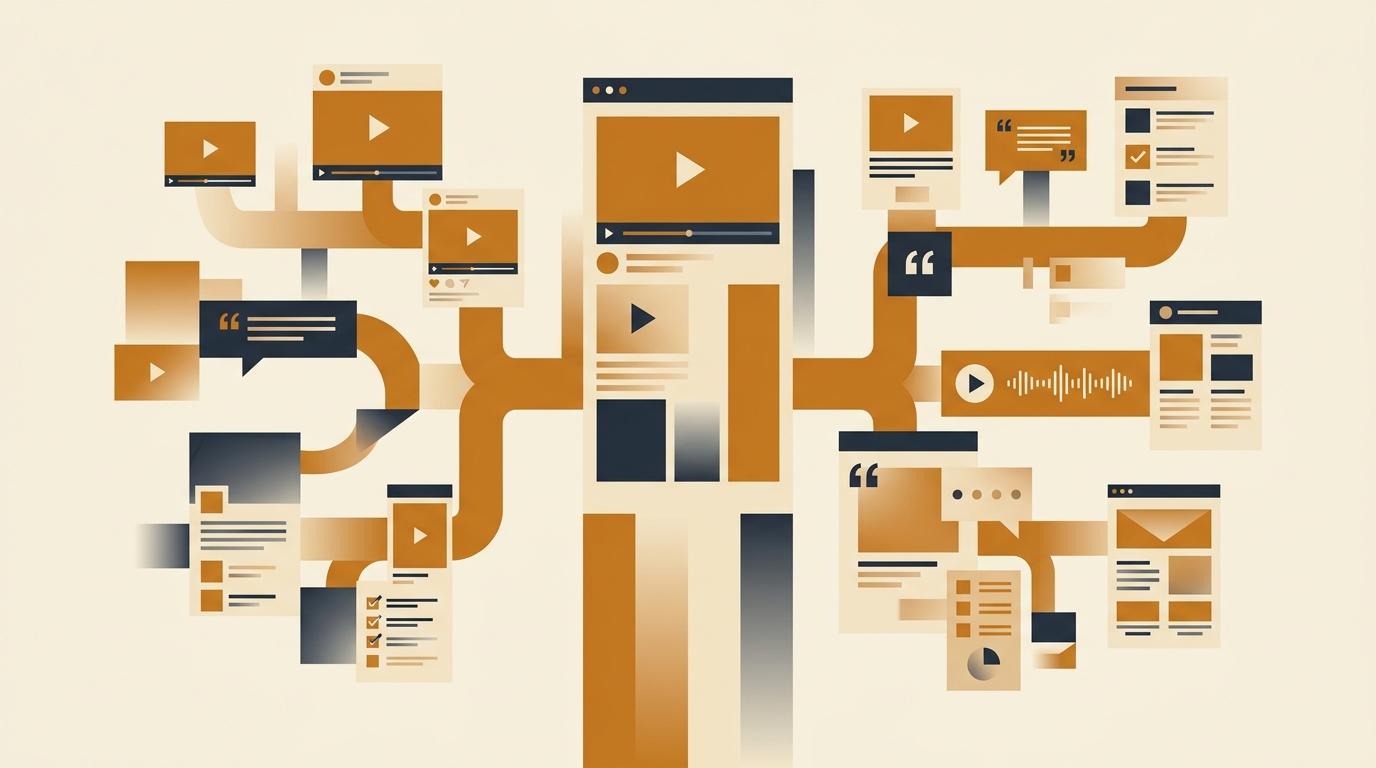 Video Pillar Content: Come Trasformare 1 Video in 10+ Contenuti di Successo — illustrazione su video pillar content
